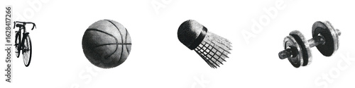Vintage Sports Equipment Set. Bicycle, Basketball, Shuttlecock, And Dumbbell Collection Illustration Isolated On Transparent Background