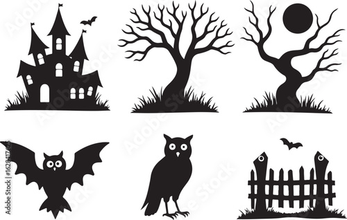 Spooky Halloween silhouettes: haunted house, owl, bats, trees