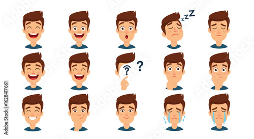 Illustrative depiction showing a variety of facial expressions of a young man on a white background