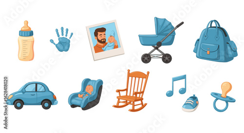 Collection of baby related items including a bottle, stroller, car seat, and rocking chair displayed
