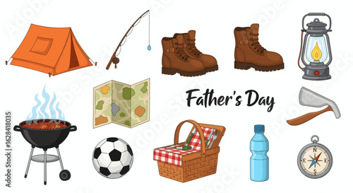 Illustration showing camping and outdoor recreation items for father's day celebration event