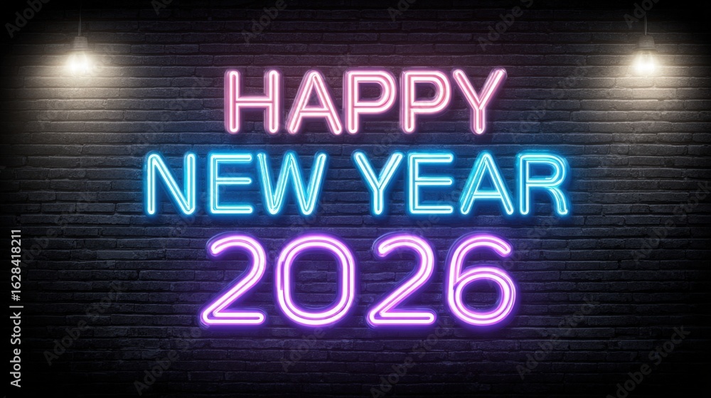 Bright neon lights display joyful messages wishing a happy new year and merry christmas for 2026. The festive decor creates an inviting atmosphere perfect for celebrations.
