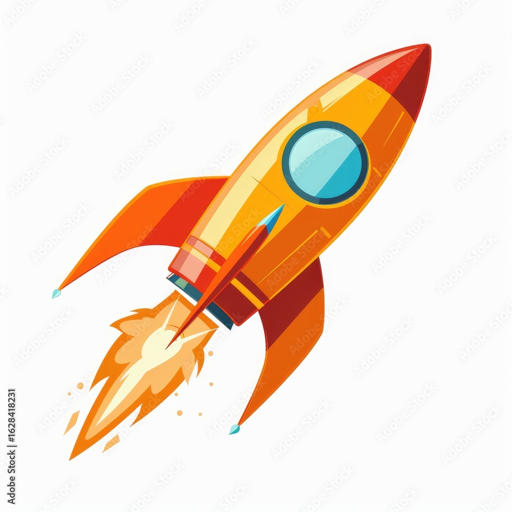A cartoon rocket, orange and red, ascends with a bright, fiery trail.  Simple design, playful style