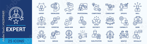 Expert icon set. Containing advice, competence, expertise, knowledge, skill, specialist, experience and more. Outline vector icons collection.