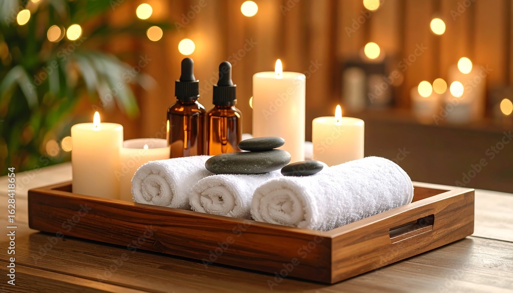 Serene Spa Arrangement: Candles, Towels, Stones, and Essential Oil Bottles on Wooden Tray Serene Spa Arrangement: Candles, Towels, Stones, and Essential Oil Bottles on Wooden Tray