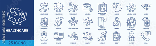 Healthcare icon set. Containing treatment, prevention, medical, health, diagnosis, report, illness, injury and more. Outline vector icons collection.