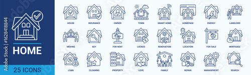 Home icon set. Containing house, property, loan, town, landlord, insurance, location, mortgage, for sale and more. Outline vector icons collection.