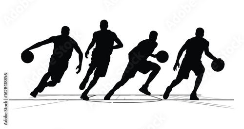 Set of four dynamic basketball player silhouettes with ball in motion, ideal vector for sports concepts, athletic branding, and game-themed designs