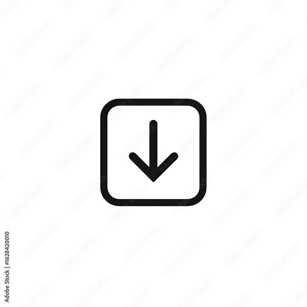 Simple white download icon. A white downward-pointing arrow inside a white square box, on a black background Simple white download icon. A white downward-pointing arrow inside a white square box, on a black background