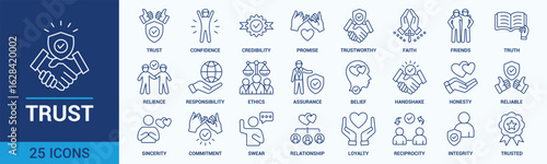 Trust icon set. Containing confidence, credibility, promise, trustworthy, friends, truth, faith, sincerity and honesty. Vector Outline icons collection.