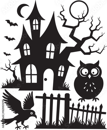 Spooky Halloween haunted house scene with owl and bats