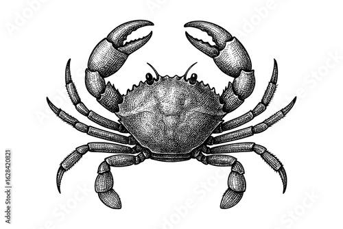Detailed black and white engraved crab with raised claws