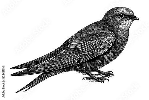 Detailed black and white vintage bird engraving of a swift