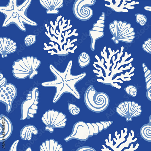 Seamless vector pattern with abstract sea shells, starfish, coral silhouettes. Contemporary art coastal summer background. Hand drawn beach print for wallpaper, wrapping paper, textile design