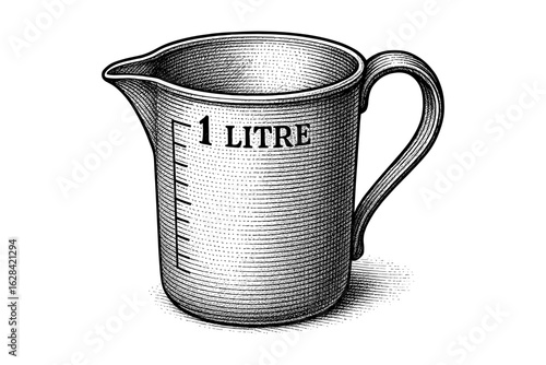 Hand drawn vintage measuring cup with 1 litre marking in black and white
