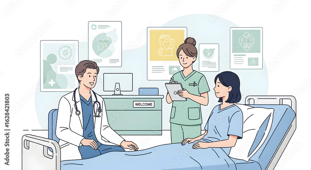 Obraz premium Illustration of a doctor and nurse providing medical consultation to a patient in a hospital room. Depicts professional healthcare and patient care services during a check-up visit.