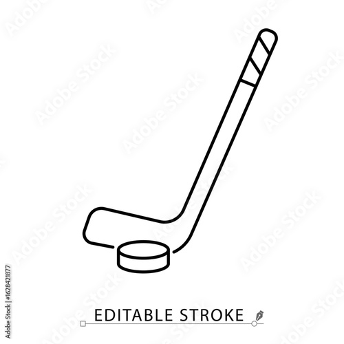 A hockey stick icon in minimalist style with editable stroke. Ice sport equipment, puck and stick, winter game object, training tool, competition element, skating gear, match symbol, outline design.