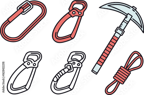 Collection of illustrated climbing gear including carabiners an ice axe and a coiled rope presented on a white background