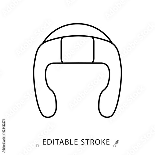A headguard icon in minimalist style with editable stroke. Combat protection, boxing helmet, martial arts gear, training equipment, safety element, sport accessory, padded headgear, outline design.