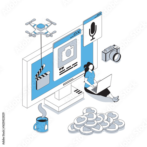 Blogging 3d isometric concept with isometry people design for web. Blogger creating video, photo and audio content in personal social media, developing blog and getting followers. Vector illustration