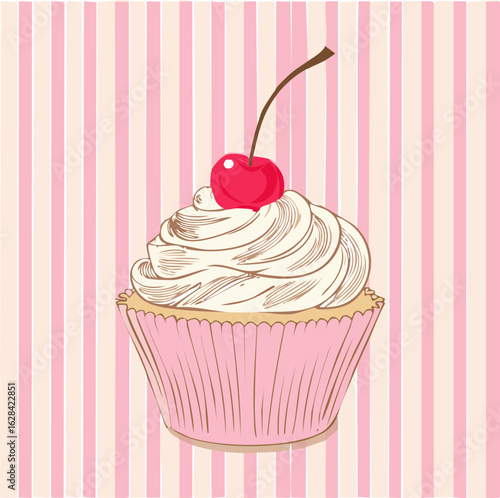 Vector illustration of a vintage-style cupcake with cherry on top, drawn in line art over a pink gingham background. Cute, retro, and perfect for bakery or dessert-themed designs