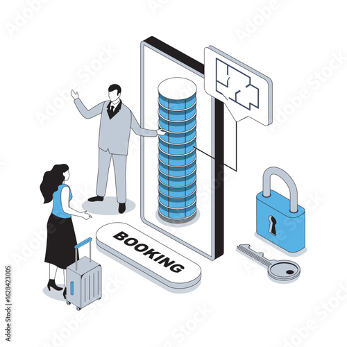 Booking 3d isometric concept with isometry people design for web. Tourist with luggage arriving at hotel accommodation, making registration with online reservation at reception. Vector illustration