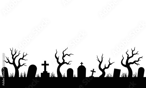 Silhouette graveyard border with spooky bare trees and tombstones on transparent background for Halloween decoration, vector design for banners, cards, or eerie scene overlays
