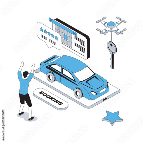 Booking 3d isometric concept with isometry people design for web. Passenger using mobile app for taxi order, choosing best feedback rating and date, getting cab transportation. Vector illustration
