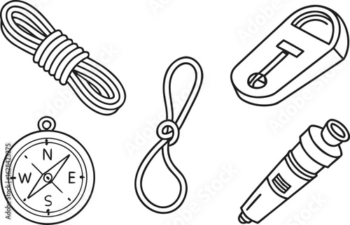 A collection of essential outdoor adventure and survival gear including a compass rope carabiner and electronic devices for navigation and safety