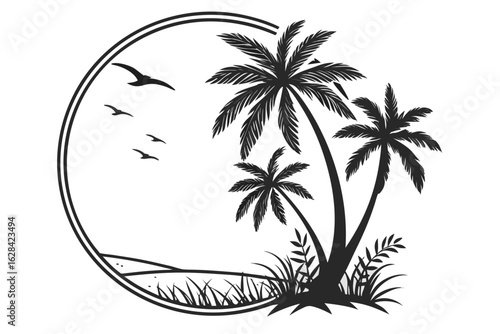  palm trees, circular frame, black and white, silhouette, minimalist, graphic design