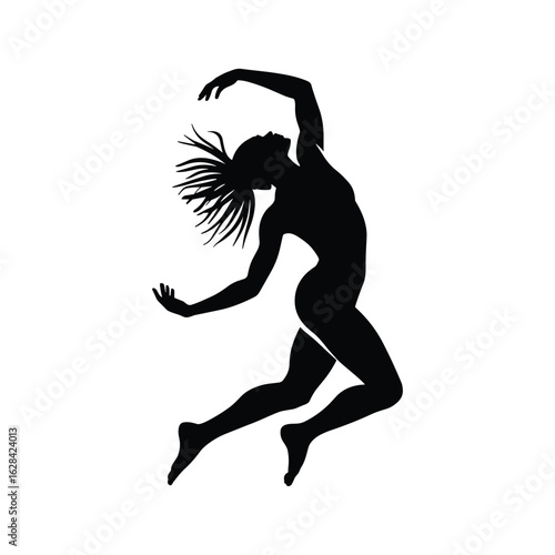 Silhouette of a female dancer in a dynamic leaping pose