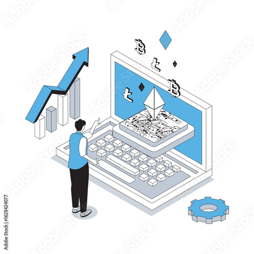 Cryptocurrency 3d isometric concept with isometry people design for web. Man trading digital coins at virtual crypto platform, searching market trends, making online transactions. Vector illustration