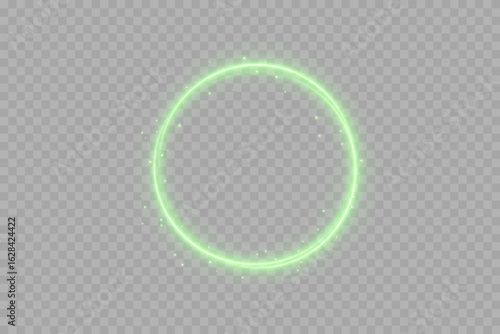 Cosmic halo rings with glowing light and green neon gradient. Elegant futuristic symbol of orbit, science fiction, dynamic technology and aesthetic modern lighting in digital art.
