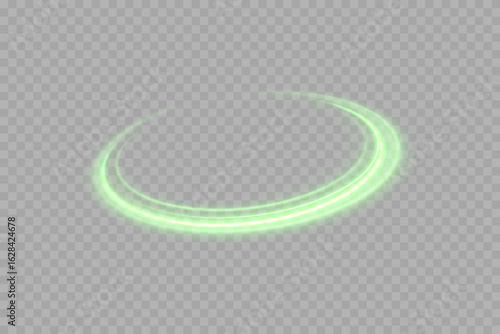 Neon glowing green rings with orbit effect and radial flare. Futuristic digital halo in dark space. Ideal for sci-fi design, UI interface, cosmic backgrounds, vibrant tech posters and energy concept