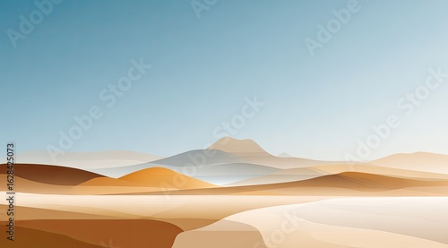 Desert landscape, minimalist style. Soft, muted colors of sand, beige, and pale blue.  Gentle hills and mountains recede into the distance under a pale blue sky