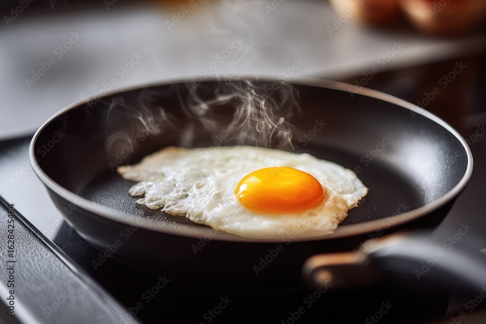 Simple Cooking: Close-Up of Hand Frying an Egg in a Black Frying Pan - A Domestic Breakfast Delight Simple Cooking: Close-Up of Hand Frying an Egg in a Black Frying Pan - A Domestic Breakfast Delight