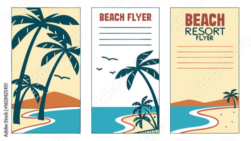 Three beach themed flyers with palm trees, ocean waves, and text promoting beach resorts and events on the coast