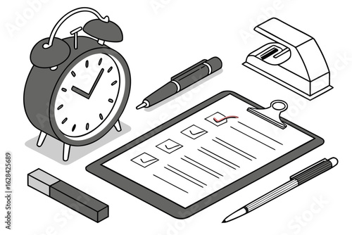  analog alarm clock, checklist clipboard, checkmark, office supplies, desk accessories, organizational tools, realistic digital art, 3d rendering, high detail, minimalistic, clean design