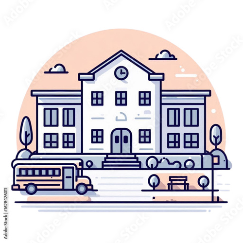 School building illustration, flat design, educational institution, colorful background, copy space