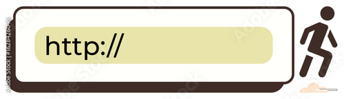 URL bar with http text and illustrated person stepping out. Ideal for internet access, digital discovery, online journey, web exploration, technology, browsing, connectivity. Simple flat metaphor