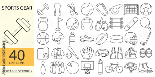 Sports gear icon set in minimalist outline style with editable stroke. Collection of 40 line icons featuring equipment for fitness, gym, outdoor games, water sports, martial arts, and more.