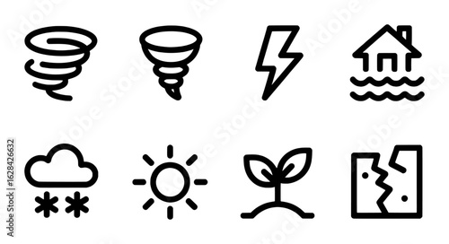 Weather icons set tornado lightning flood snow sun plant earthquake storm