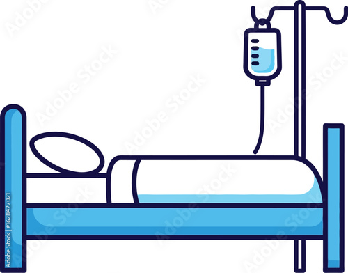 Blue Hospital Bed with IV Drip on White, Health and Recovery Theme