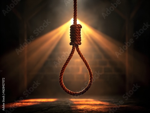 Thick rope noose hanging in spotlight loop knot