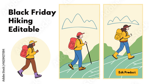 Illustration of people hiking with backpacks on a trail with mountains and green hills, black friday theme