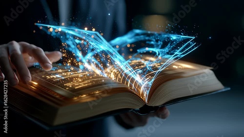 Ai and ethics blend with justice as glowing digital book opens under hand, symbolizing knowledge and futuristic inspiration