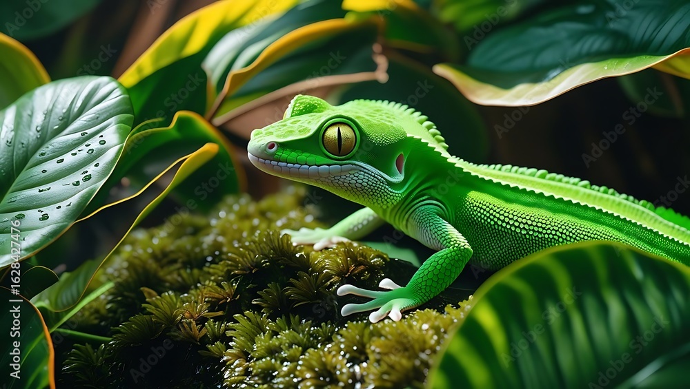 Obraz premium Vibrant green gecko amongst lush tropical foliage