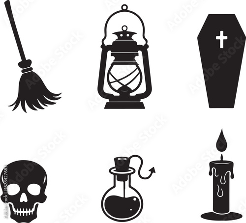 Spooky Halloween icons: broom, lantern, coffin, skull, potion, candle