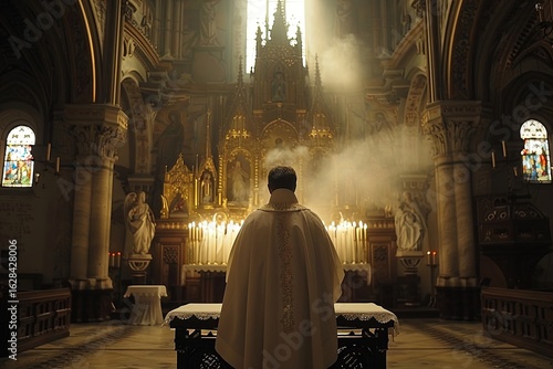 Ceremony of absolution in a grand cathedral with warm sunlight and a reverent atmosphere