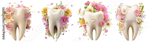 Set of healthy white teeth decorated with colorful flowers isolated on white background, isolated on transparent background

